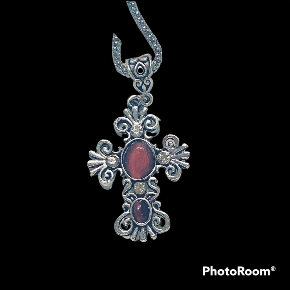 Sterling Silver Stone Crystal Cross Pendant Necklace